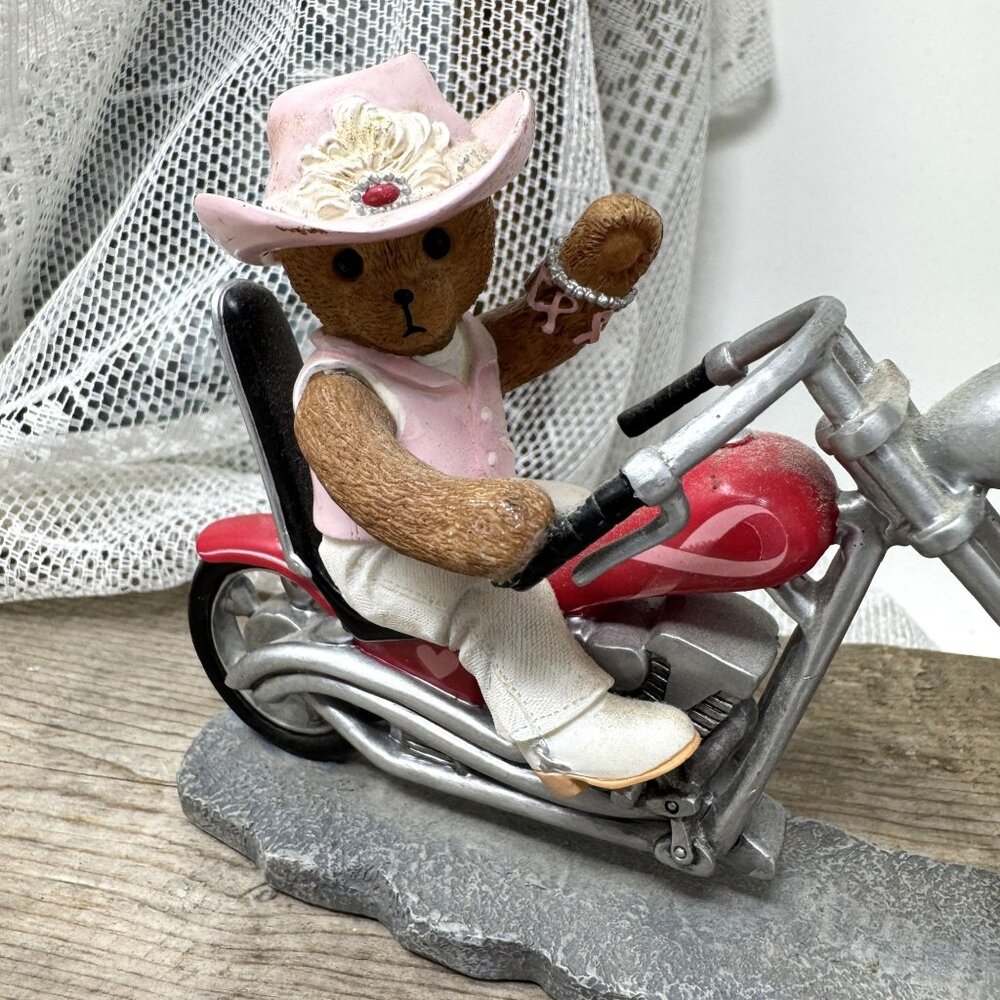 Bear Figurine On Motorcycle In Pink Cowboy Outfit  Road for a Cure